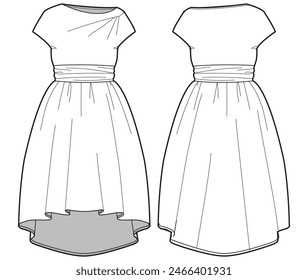 Frauen Mütze Ärmel Cocktail Ballon Frock Kleid Design Flache Skizze Mode Illustration mit Vorder-und Rückansicht, Abschlussball Kleid Vektorgrafik Vorlage