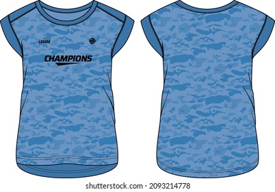 Women Cap sleeve t-shirt design fashion Illustration, Camouflage pattern t shirt flat sketch for girls and Ladies Volleyball jersey, Football, badminton, Soccer and netball, Sport uniform kit