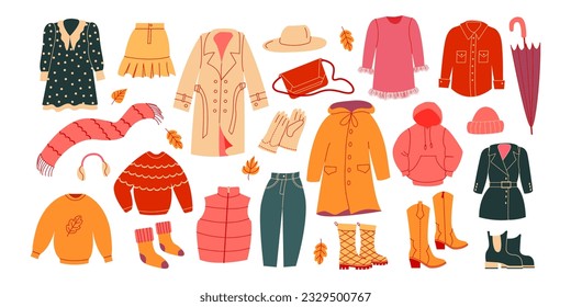 Women capsule autumn wardrobe. Casual clothes. Autumn, winter apparels, shoes and accessories. Modern casual female garments collection. Colored flat vector illustration