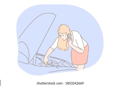 Women and car breakdown concept. Young unhappy frustrated woman driver cartoon character standing near open car hood during breakdown or accident and calling to somebody asking for help on phone 