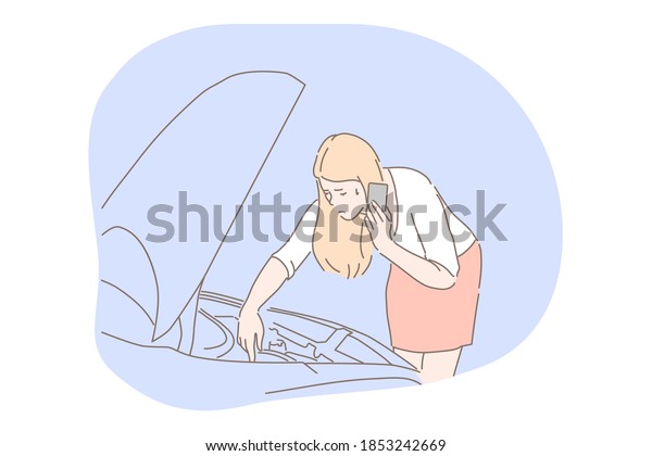 Women and car breakdown concept. Young unhappy\
frustrated woman driver cartoon character standing near open car\
hood during breakdown or accident and calling to somebody asking\
for help on phone 