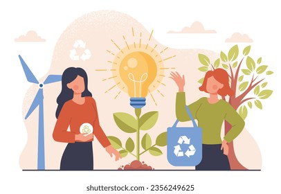 Women care about ecology concept. Girls near plant with light bulb. Zero waste and sustainable lifestyle. Alternative energy sources and rejection of oil and gas. Cartoon flat vector illustration