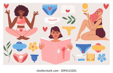 Women care about themselves during the menstruation cycle period with flowers and leaves around. Menstrual period, menstruation, premenstrual syndrome, PMS, ovaries.