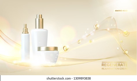 Women care cosmetic in beautiful bottles over pink background. Lavender cream and oil. Moisturizer with Vitamins and Regenerate Cream contains herbal essence. Vector illustration.