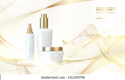 Women care cosmetic in beautiful bottles over pink background. Lavender cream and oil. Moisturizer with Vitamins and Regenerate Cream contains herbal essence. Vector illustration.