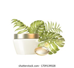 Women care cosmetic in beautiful bottles isolated over while background. Tropical cream and oil. Moisturizer with Vitamins and Regenerate Cream contains herbal essence. Vector illustration.