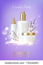 Women care cosmetic in beautiful bottles over blue background. Moisturizer with Vitamins and Regenerate Cream. Vector illustration.