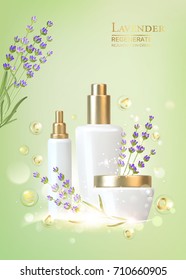 Women care cosmetic in beautiful bottles over green background. Lavender cream and oil. Moisturizer with Vitamins and Regenerate Cream conaines lavender oil. Vector illustration.