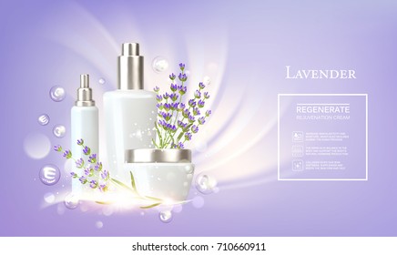 Women care cosmetic in beautiful bottles over green background. Lavender cream and oil. Moisturizer with Vitamins and Regenerate Cream containes lavender essence. Vector illustration.