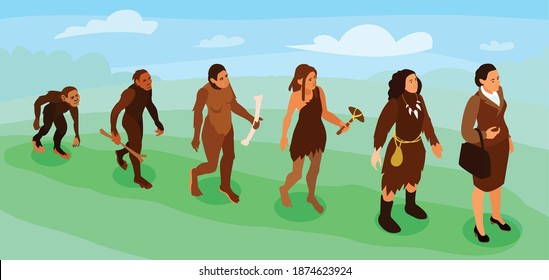 Women career evolution isometric banner with female cartoon characters from prehistoric ancestor to businesswoman vector illustration