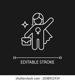 Women career white linear icon for dark theme. Advance to higher position. Fighting glass ceiling. Thin line customizable illustration. Isolated vector contour symbol for night mode. Editable stroke