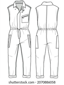 Women Cargo Jumpsuit Front and Back View. fashion illustration vector, CAD, technical drawing, flat drawing.