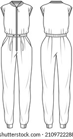 Women Cargo Jumpsuit, Racer Jumpsuit,  Front And Back View. Fashion Illustration Vector, CAD, Technical Drawing, Flat Drawing.	