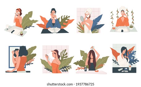 Women caring for body and face, beauty and spa procedures at home. Female characters in bathroom with towels and bathrobes doing masks and applying cosmetics for hairdo. Vector in flat style