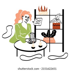 Women Caring Interior. Girl Sits Next To Flowers And Plants On Shelves, Lighting Candles. Creating Comfortable And Cozy Atmosphere In Apartment Or House, Aromatherapy. Cartoon Flat Vector Illustration