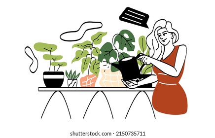 Las mujeres cuidan el interior. Niñas jóvenes acuden flores de una lata de agua, aman las plantas, la jardinería. Elegante interior para apartamento o casa, lujoso, ecológico. Dibujo vectorial plano de dibujos animados