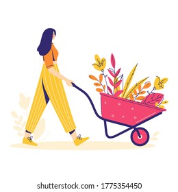 Women carries a garden wheelbarrow cart with flowers. Gardener female character or farmer working in the garden. Modern flat cartoon vector illustration