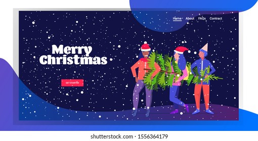 women carrying freshly cut down christmas tree winter holidays celebration concept mix race girls holding fir tree horizontal full length copy space vector illustration