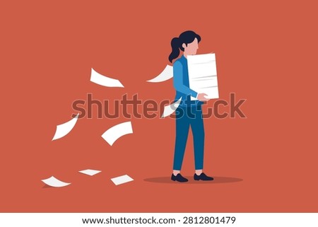 Women carrying heavy documents documents paperwork. concept of Workload and aggressive deadline causing exhaustion and burnout, overload or overworked office routine