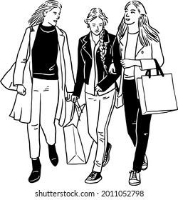 Women carrying Shopping bag City People lifestyle Hand drawn line art Illustration