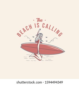 women carrying surfboards while jumping. t-shirt graphics, vectors, retro vintage hand drawn