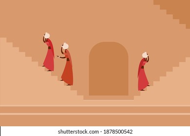 Women carrying water pots on their heads fetching water from a step well