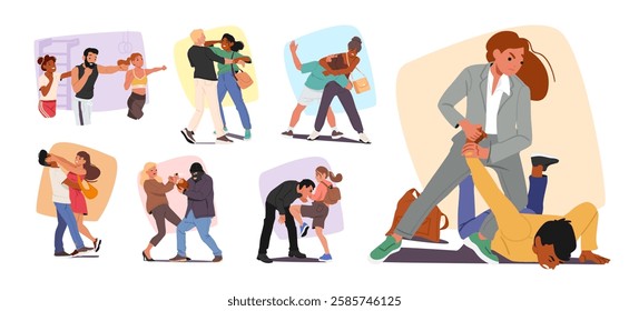 Women cartoon characters learning and applying self-defense techniques fighting against robbers and street thug aggression scene set. Violence prevention safety methods for female vector illustration