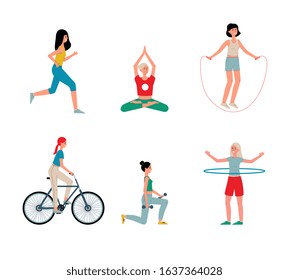 Women cartoon characters performing various sport activity set, flat vector illustration isolated on white background. Young girls doing sport exercises and yoga.