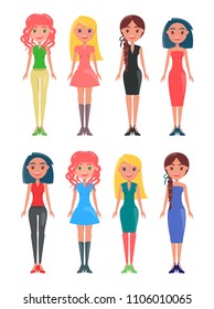 Women in cartoon style isolated on white. Set of shopaholic girls who wear pretty stylish dresses and casual jeans or pants vector illustrations.