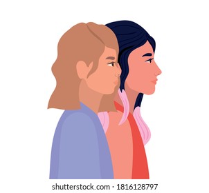women cartoons in side view design, Girl female person people human and social media theme Vector illustration
