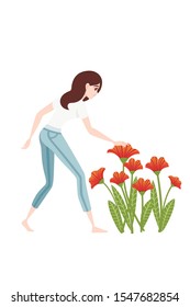 Women in casual clothes examines a bed of poppy flowers cartoon character design flat vector illustration on white background