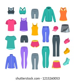 Women casual clothes for fitness training. Basic garments for gym workout. Vector flat illustration. Outfit for active modern girl. Sport style shirts, pants, jackets, tops, shorts, skirt and socks