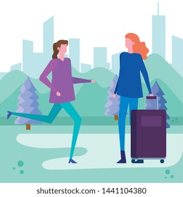 women with casual clothes and hairstyle with baggage
