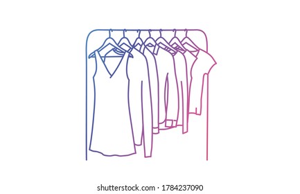 Women casual clothes on a hanger in store. Rainbow colours in linear vector illustration.