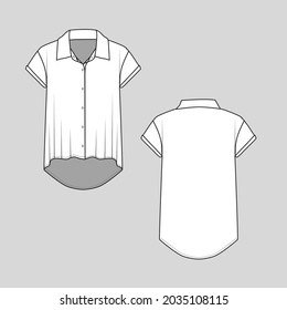Women Casual Collar Shirt Full Open Button Panel Dip Hem Roll Up Sleeve Top Blouse Fashion Flat Sketch Technical Drawing Template Cad Mockup Design Vector