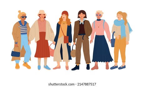 Mujeres con ropa informal moderna. Personajes femeninos jóvenes y elegantes. Gente vestida con ropa de moda y accesorios. Prendas de vestir para caminar. Grupo de chicas. Vector de moda