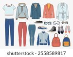 Women casual outfit for spring and autumn. Vector Collection of fashion clothes, coat, jeans, sneakers and backpack for women, casual wear and accessories, flat vector illustration.