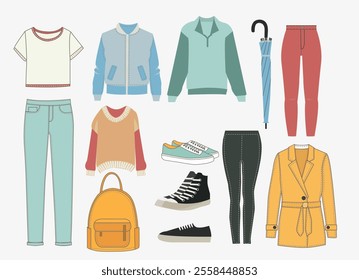 Women casual outfit for spring and autumn. Vector Collection of fashion clothes, coat, jeans, sneakers and backpack for women, casual wear and accessories, flat vector illustration.