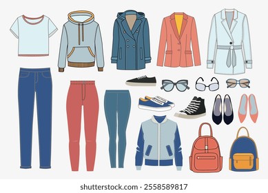 Women casual outfit for spring and autumn. Vector Collection of fashion clothes, coat, jeans, sneakers and backpack for women, casual wear and accessories, flat vector illustration.