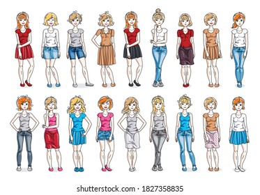 Women in casual wear vector illustrations isolated on white background big set, attractive adult girls beautiful and slim curvy body cute characters standing full length, gorgeous diverse females.