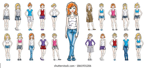 Women in casual wear vector illustrations isolated on white background big set, attractive adult girls beautiful and slim curvy body cute characters standing full length, gorgeous diverse females.