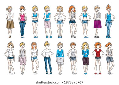 Women in casual wear vector illustrations isolated on white background big set, attractive adult girls beautiful and slim curvy body cute characters standing full length, gorgeous diverse females.