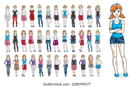 Women in casual wear vector illustrations isolated on white background big set, attractive adult girls beautiful and slim curvy body cute characters standing full length, gorgeous diverse females.