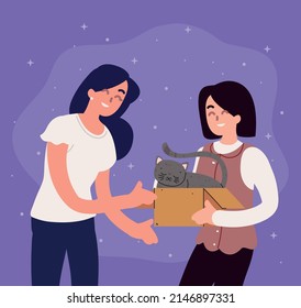 women with cat in box design