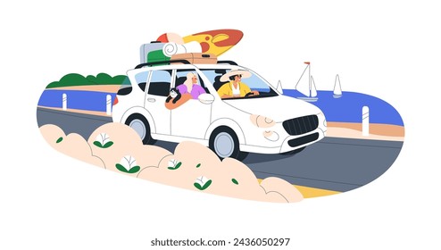 Women and cat in car travel on summer vacation. Holiday road trip to sea resort, beach. Girls friends, tourists in auto ride, baggage, surfboard. Flat vector illustration isolated on white background