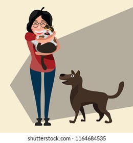 women and cats and dog vector illustration 