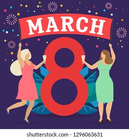 Women celebrate 8 march, give presents and have fun. Happy women's day. Vector