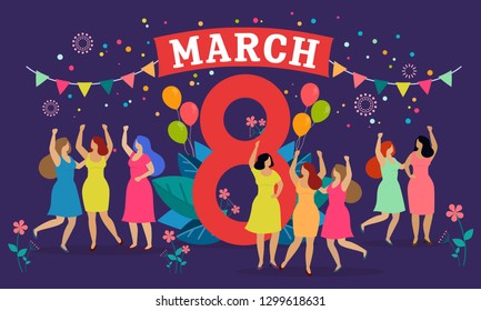 Women celebrate 8 march, give presents and have fun. Happy women's day. Vector