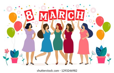 Women celebrate 8 march and have fun. Happy women's day. Vector