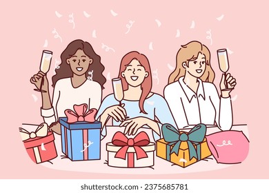 Women celebrate bachelorette party and wish girlfriend happy birthday, drinking champagne and presenting boxes with gifts. Diverse girlfriends posing with smile during fun bachelorette party svg